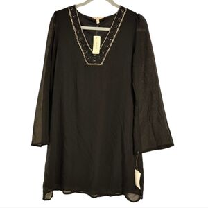 HALO Black Beaded Square Neckline Sheer Lined Flowy Tunic Women's Small NEW